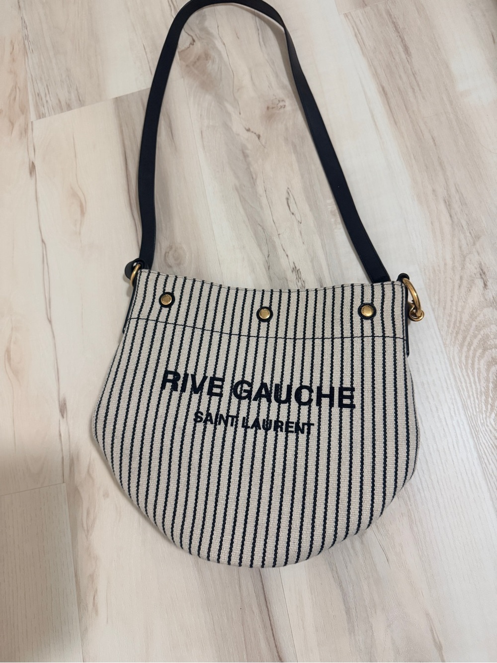 Saint Laurent Rive Gauche Striped Canvas Shoulder Bag in Cream and Black